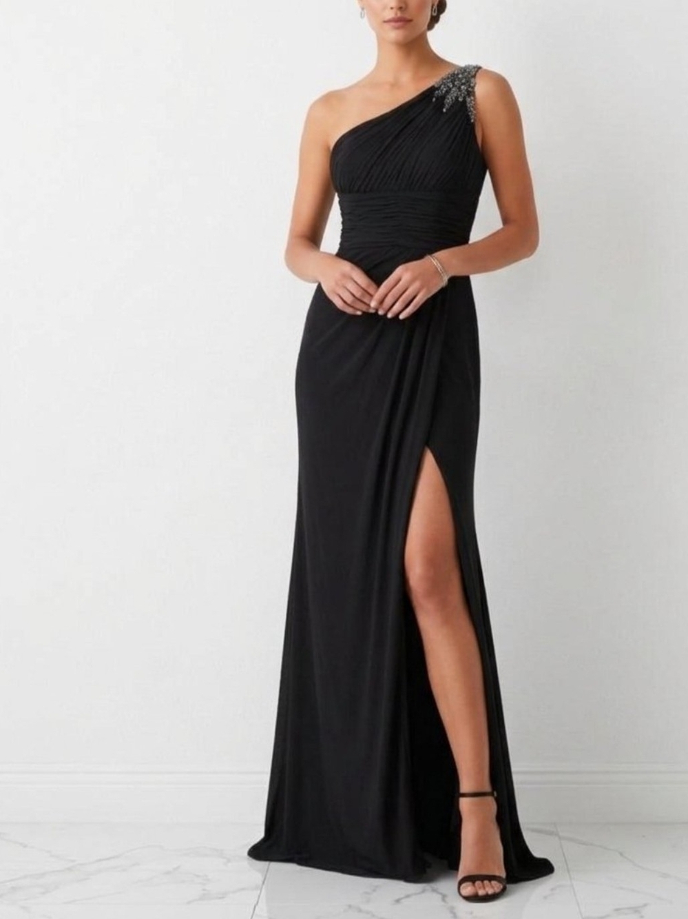 Sherri Hill Black One-Shoulder Evening Gown with Embellished Shoulder